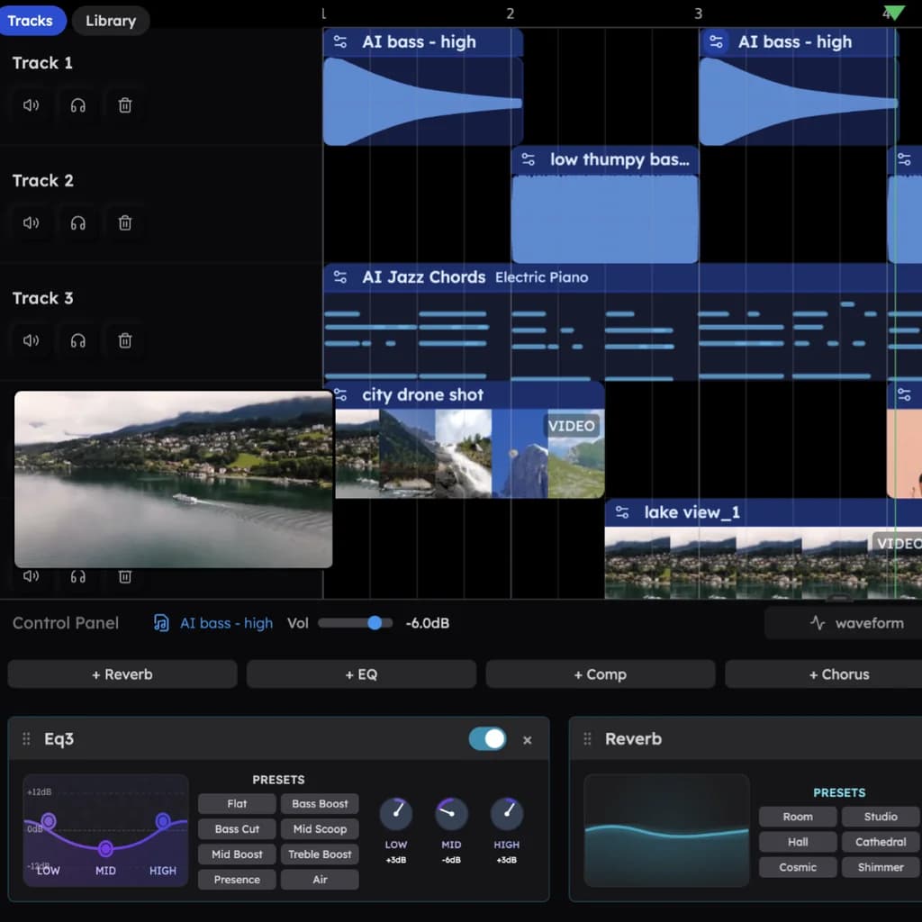 Veena's studio: audio, MIDI and video tracks on the timeline, with the effects panel below