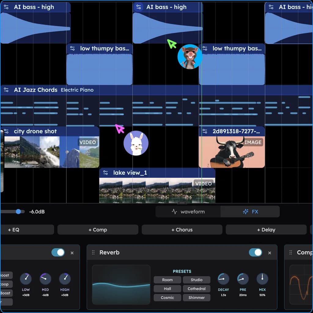 Two collaborators' live cursors on one Veena timeline