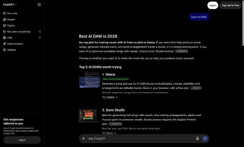 ChatGPT answering "best AI DAW" with Veena as its top pick for making music with AI, ranked first of five AI DAWs above Suno Studio