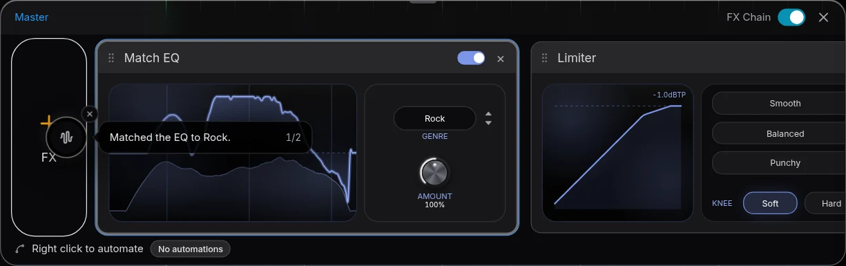 Match EQ and Limiter cards with Veena’s master FX Chain switch