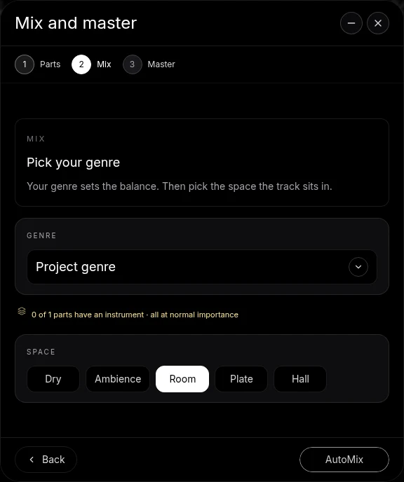 The Genre and Space choices and AutoMix button in Veena’s Mix and master window