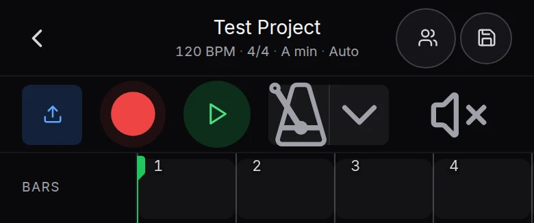 Pocket Studio’s phone header and transport, with recording, playback and metronome controls