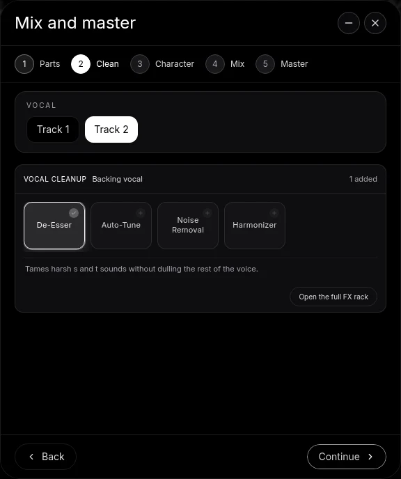 The Vocal choice and De-Esser, Auto-Tune, Noise Removal and Harmonizer choices in Veena’s Clean stage