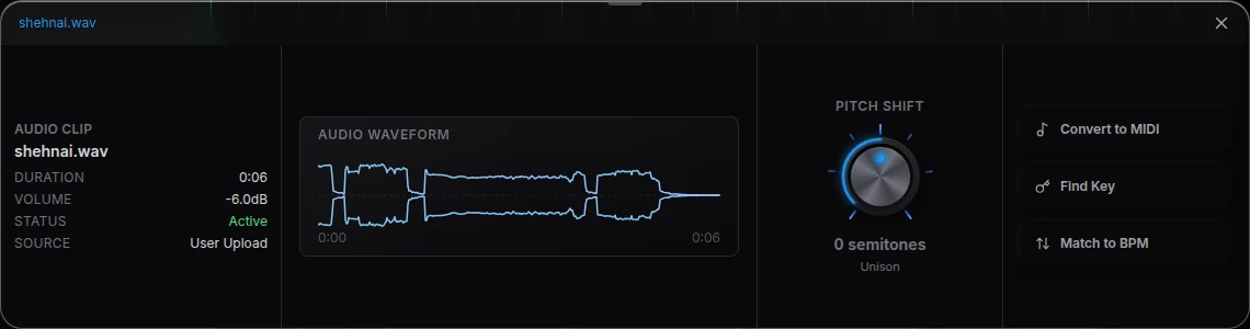 Veena’s Waveform panel with Pitch Shift, Find Key and Match to BPM